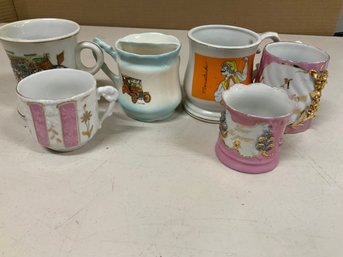 3 Vintage Mustache Mugs And 3 Vintage Lusterware Souvenir Cups