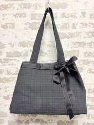 Chic Suburbia Dark Seersucker Windowpane Tote W/ Snap Closure & Bow Accent Embellishment