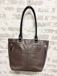Tignanello Pebbled Chestnut Leather Tote W/ Snap Closure & Striped Interior