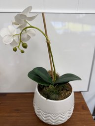 Artificial White Phalaenopsis Orchid In A White Textured Ceramic Pot
