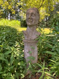 Antique Cast Cement Stone Garden Bust Of Greek Goddess On Cement Pedestal With Greek Panels