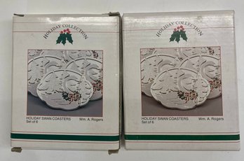 Lot Of Two Holiday Silver Plate Swan Coaster Sets