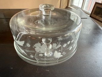 Vintage Etched Glass Cake Stand With Cloche