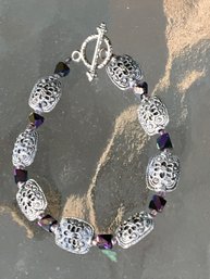 Bali Heart Bead Jewelry Bracelet Featuring Intricate Sterling Silver Beads And Iridescent Swarovski Crystals