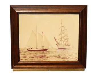 Vintage Framed Maritime Photograph Of Schooner & Tall Ship