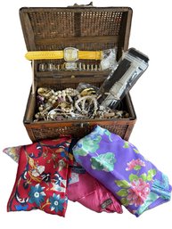 Vintage Costume Jewelry Grouping In Bamboo Box