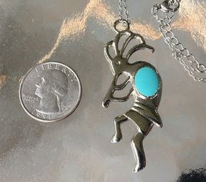 Shube's Kokopelli Pendant Crafted In China Sterling Silver W/ Turquoise Inlay Silver Chain Necklace