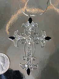 Alilang Cross Pendant Necklace Features Intricate Silver-tone Filigree Detailing W/ Clear & Onyx Rhinestones
