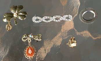 Lot Of 5 MCM Mid Century Designer Brooch Pins - Germany, St. Patrick's Pearl Shamrock, Monet, Dorsons? Twist