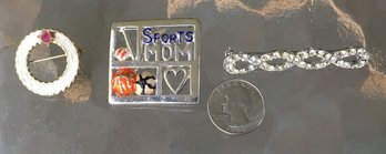 Lot Of 3 MCM Designer Brooch Pins - Beau Jewels Oval W/ Pink Stone Pin , Silver Sports Mom,  Dorsons? Twist