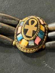 Three Row Bone And Horn Hairpipe Choker Necklace Featuring A Central Circular Medallion With An Ancient
