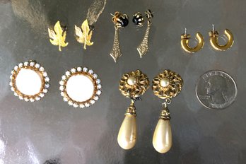 Lot Of 5 Sets Of MCM Mid Century Designer Earrings - Gold Hoop Rhinestone, Gold Maple Leaf, Pearl Drop, Onyx