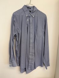 Lands End Button Down Navy Blue Checked Dress Shirt