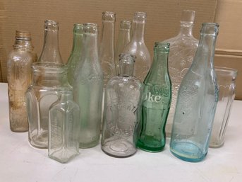 Lot Of 14 Various Vintage Glass Bottles Soda Condiment