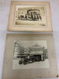 Circa 1920s Era 2 Hard Cardstock Photos Of Firemen On Fire Truck Apparatus