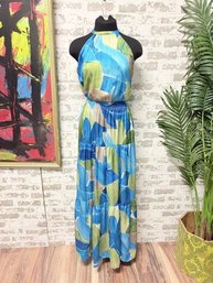 Nicole Miller Green & Blue Watercolor Leaves High Neck Sleeveless Maxi - Size XS