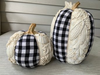 2 Black And White Faux Mixed Media Decorative Fall Pumpkins Buffalo Check Fabric White Carved Resin Grapes