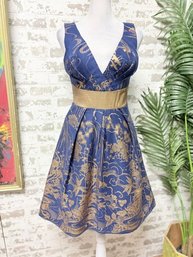 Beautiful Navy Blue & Gold Cocktail Dress By Eva Franco - Size 0