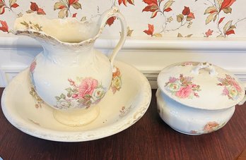 Pitcher And Basin With Commode And Lid - Antique