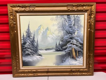 Vintage Original Oil Painting Winter Landscape With Mountains Framed & Signed By Artist 31.5 X 27.5 Ref: LM