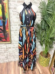 Chic Me Black High Collar Sleeveless Maxi W/ Multicolor Abstract Design - Size XL