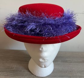Bollman Hat Co. 109% Wool Doeskin Felt Red Hat With Purpleish Faux Feather