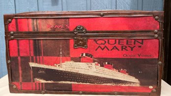 Vintage Red Queen Mary Ocean Voyage Canvas Wood Faux Leather Trunk Chest