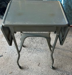 Metal Typewriter Table With Locking Wheels And Drop Leaves - Vintage