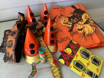Vintage Various Halloween Paper Decorations Including Crepe Paper Scary Cat Tablecloth Orange Party Hats