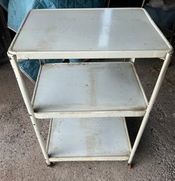 Metal Utility Cart 3 Shelves Original Wooden Wheels Vintage