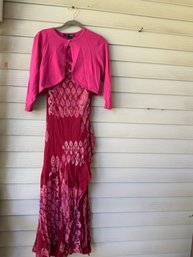 Woman Size 14 Bella Blue Matching Pink Knitted Shoulder Shrug And Long Flowy Dress