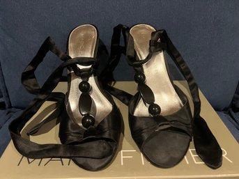 Marc Fisher Black Satin Beaded Ankle Tie Sandal Heel Size 8.5