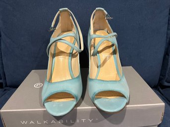 Rockport Presia Pump Blue Turquoise Open Toe Ankle Strap Heel Size 8