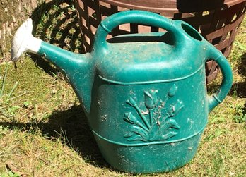 1980s Vintage Union Products Green Plastic Tulip Motif Watering Can With Detachable Hose End Sprinkler Head