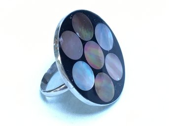 Vintage Silver Tone Black Enamel W/ Abalone Shell Inlays Statement Ring - Size 10 Adjustable