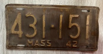 Vintage 1942 MASS License Plate 431-151