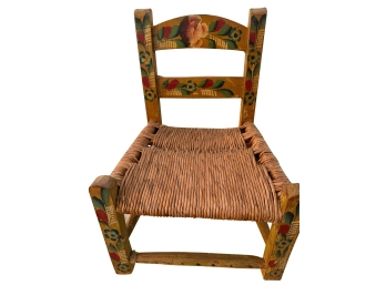 Mexican Folk Art Miniature Wooden Chair Features A Vibrant Yellow Painted Finish Accented With A Woven Rush