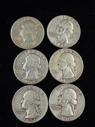 Lot Of 6 Washington Silver Quarters 1951, 1952, 1954, 1955, 1956, 1957