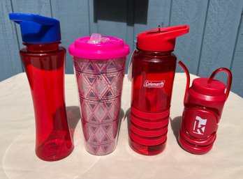 Four Plastic Water/Sports Bottles Red & Pink Ones