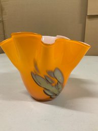 MCM Art Glass Handkerchief Vase With Japan Sticker Bright Translucent Orange With Embedded Feather Pattern