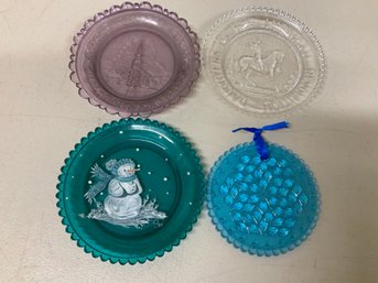 Lot Of 3 Round Glass Cup Plates And Blue Pressed Glass Ornament