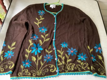 Woman XL Alpaca Imports Brown Cardigan Sweater With Glass Buttons And Blue Flowers On Sleeves And Front Back