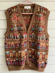 Peruvian Connection Alpaca Handmade In Peru Size L Woman Button Up Sweater Vest With Brown Repeating Pattern