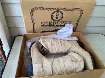 Vintage Beige Leather Slouch Western Cowboy Boots Sheplers Woman Size 8 Unused Condition In Box