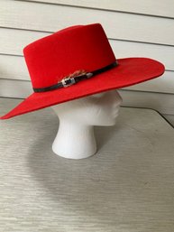 Vintage Red Wool Fur Blend Felt Double J Western Store Hat With Black Band And Feather Size 7