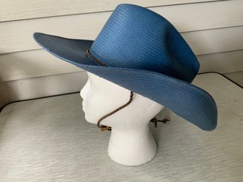 Vintage Blue Woven Straw Cowboy Hat With Pinched Crown And Braided Band Wrangler Size Medium