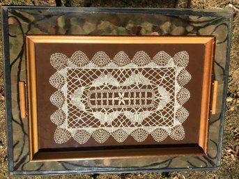 Antique Serving Tray With Butterfly Butterflies Embroidered Lace Doily Display