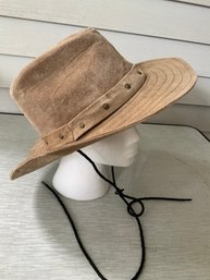 Vintage Distressed Brown Suede Outback Style Western Hat With Pinched Crown And Studded Leather Band