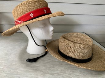 2 Vintage Woven Boater Straw Hats One With Red Bandana And One With Black Band