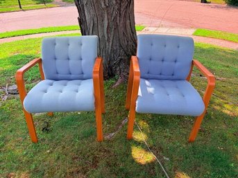 Pair Of Swedish Modern Beech Armchairs With Blue Upholstery